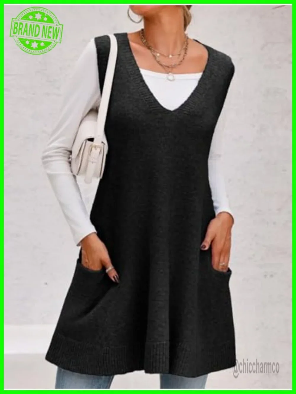 Sleeveless Sweater Vest V Neck Knit A Line Flattering Tunic Top with Pockets